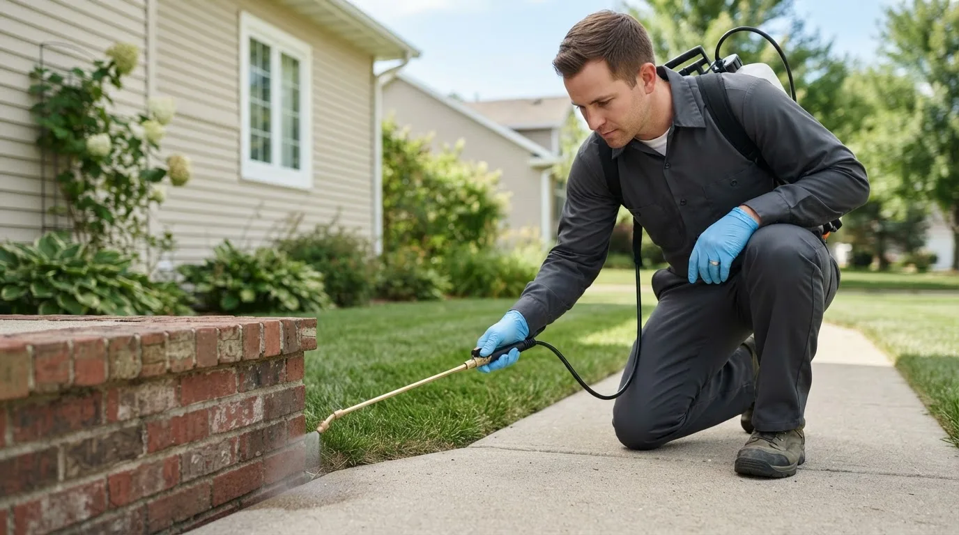 Pest control technician treating a home near Cross Plains, IN